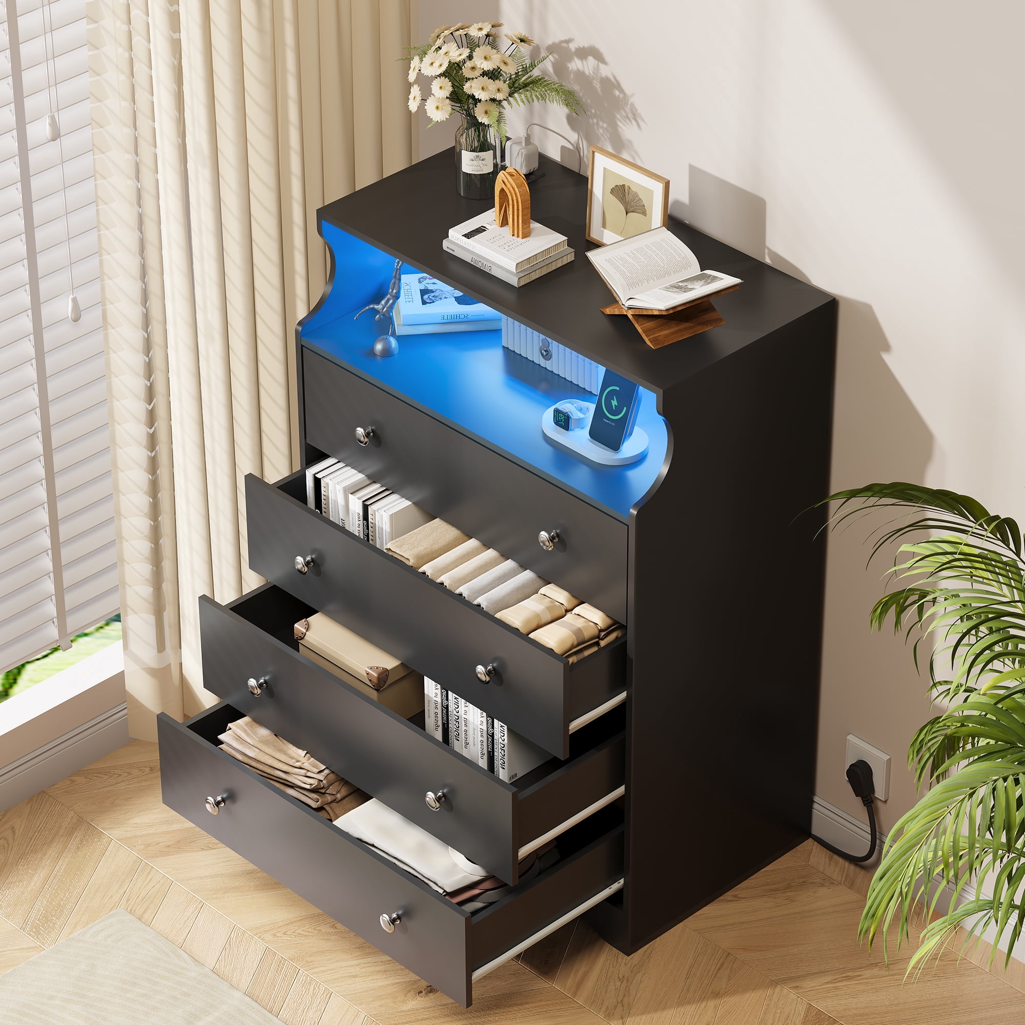 GALAXHERO 4 Drawers Dresser for Bedroom, Tall Black Dressers with  LED Open Shelf, Modern Chest of Drawers with Charging Station, Wood Closet Clothes Organizer Storage Cabinet