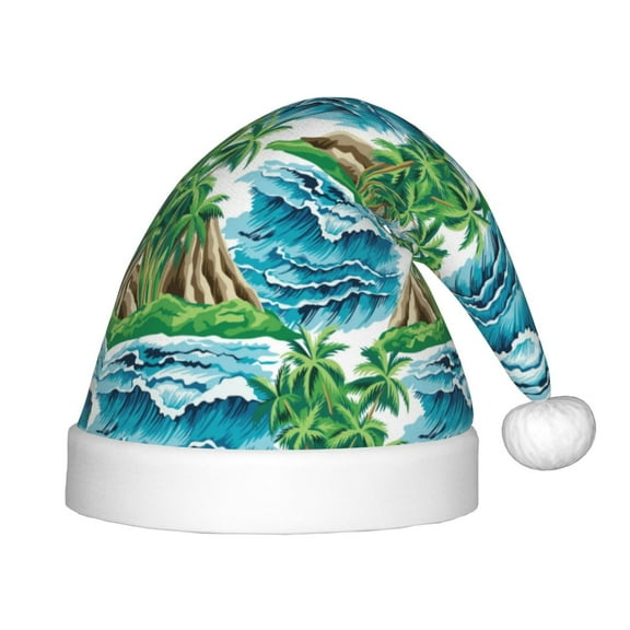 Fuzoiu Hawaii Palms Print Santa Hat Christmas Hat for kids,Santa Hats with Pompom, Unisex Xmas Holiday Hat for Christmas New Year Festive Party Supplies