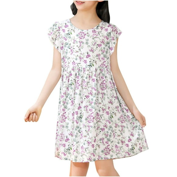 Odeerbi Niñas Verano Floral Vestidos Ruffle Sleeve Algodón Vestido Niños Impresión Gráfica Sin Mangas Vestido