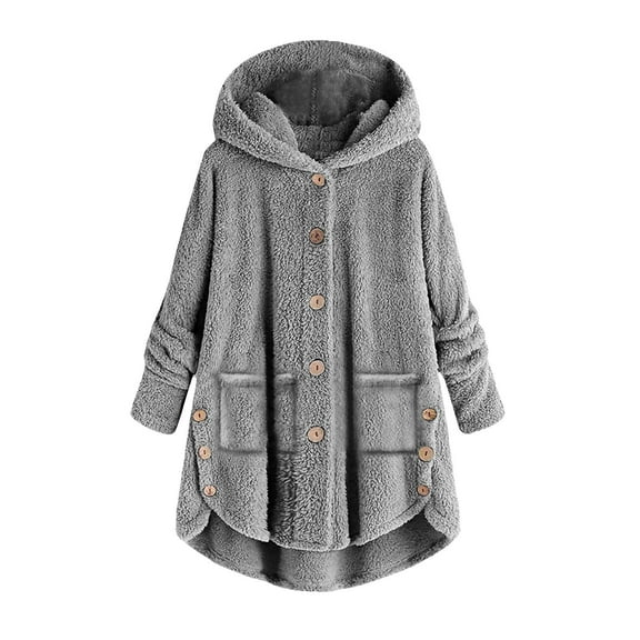 JUUYY Women's Shearling Coats with Hood Long Knee Length Fuzzy Jackets Zip Up Faux Coat Long Outerwear Trendy with Pockets Gray S