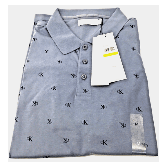 Calvin Klein Men Short Sleeve CK Print Allover Cotton Polo, Purplish Blue, M