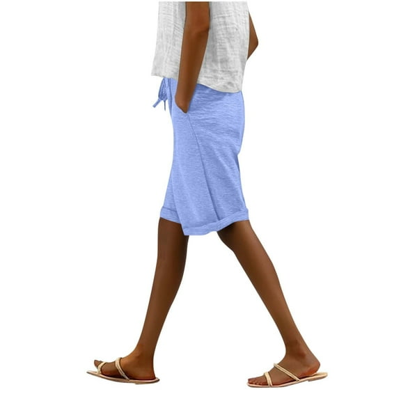 Kvture Women Summer Cotton Bermuda Shorts Loose Knee Length Sweat Pants Comfy Running Sport Casual Half Short with Pockets Light Blue XL
