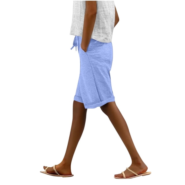 Pantalones Cortos de Entrenamiento con Bolsillos para Mujeres, Cintura Elástica de Color Sólido, Pantalones Cortos Deportivos
