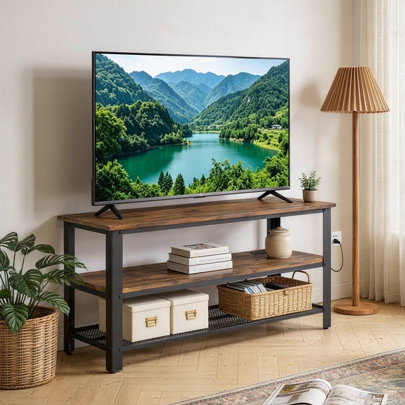 LIVIZA Industrial TV Stand for TVs up to 50", Entertainment Center Console Table with Power Outlets and USB Ports, Rustic Brown