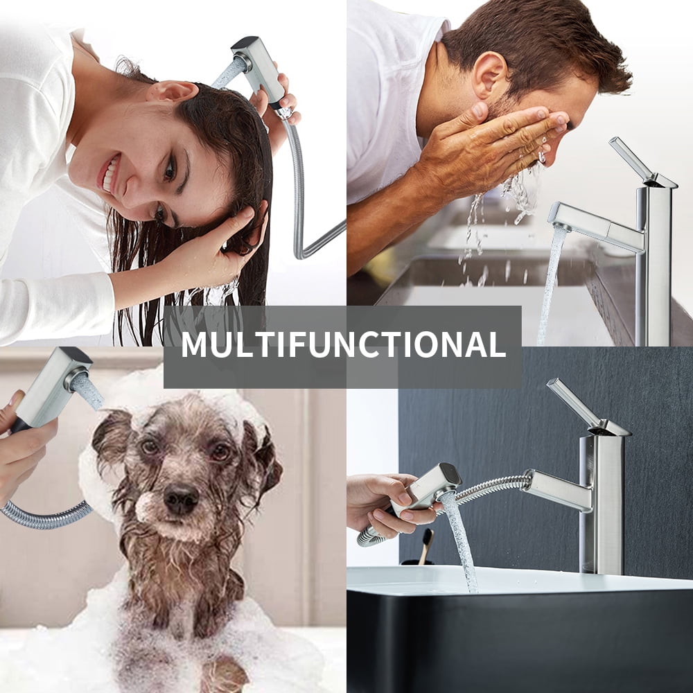 KAIYING Single Handle Bathroom Sink Faucet with Pull Out Sprayer, Rotating Spout, Pull Down Basin Mixer Tap for Hot and Cold Water (Tall, Brushed Nickel)