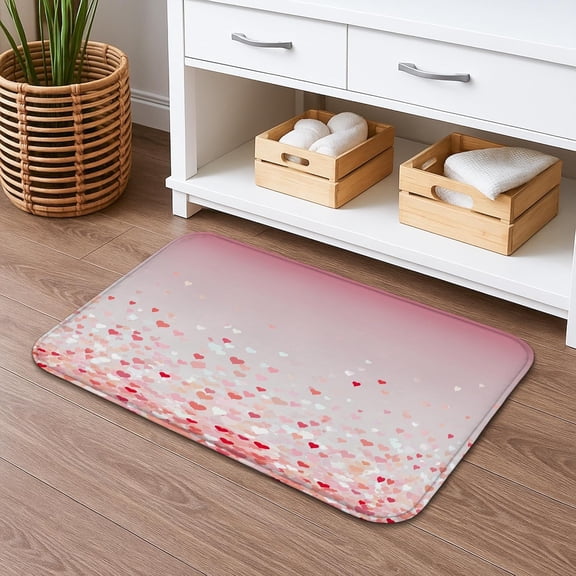 Heart Quick Dry Bath Mat, Peach Confetti Absorbent Non Slip Shower Mat, Valentine''s Flannel Washable Rugs for Bathroom Toilet Decorative 16x24 Inch