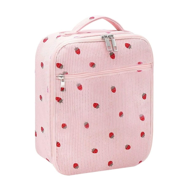 Bolso de tela de pana Qarigey con aislamiento para desplazamientos diarios bolsa de almuerzo fresa rosa