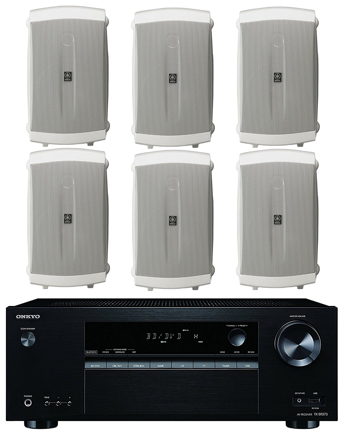 Onkyo 5.2 Channel Full 4K Bluetooth AV Home Theater Receiver + Yamaha High-Performance Natural Surround Sound 2-Way Indoor/Outdoor Weatherproof Speaker System (Set Of 6) - image 1 of 3