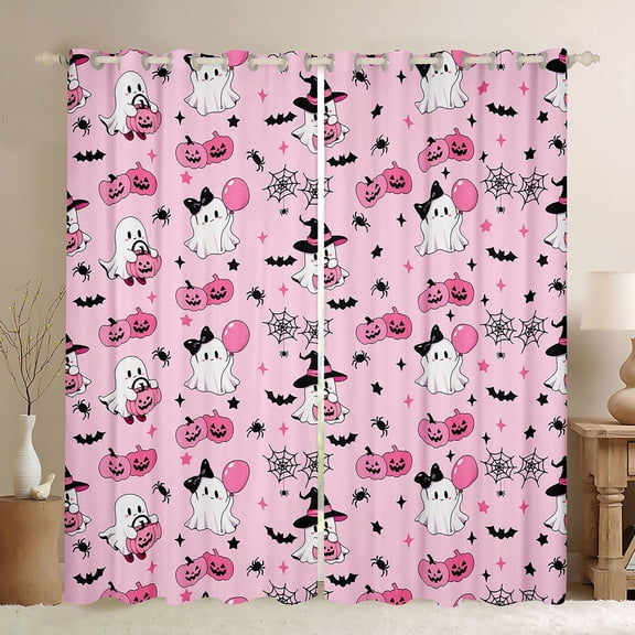Manfei Gothic Halloween Kitchen Curtains,Girls Friendly Print Black Out Curtains Pack of 2 (42x63 Each),Pink