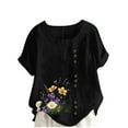 thumbnail image 1 of Pisexur Hauts en Coton et Lin Grande Taille pour Femmes, Décontractés, Été, Boho, Mode, Coupe Ample, Col Rond, Manches Courtes, T-Shirts Floraux pour Femmes P-5TG Noir, 1 of 4
