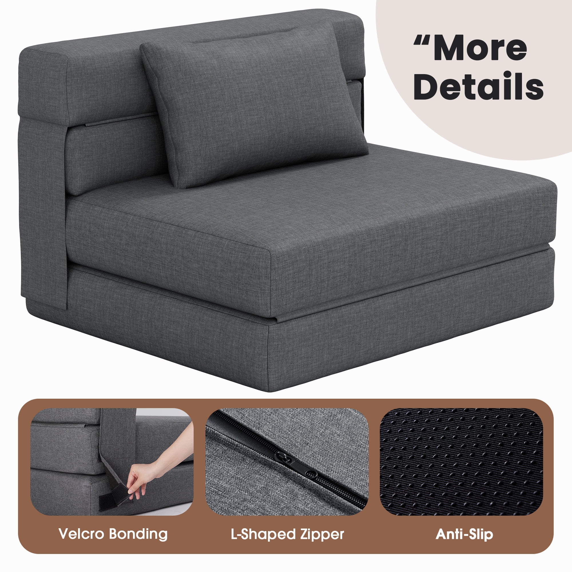 SERWALL Modular Folding Sofa Chair, 4-in-1 Convertible Sofa Bed, Foldable Sofa Chair for Bedroom, Grey