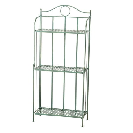Charlton Street Bakers Rack, 3 Shelves, Rustic Green with Terracotta Undertone, Paint Rubbed Distressing, Vintage Style, Iron, Woven Details, Folding, Indoor or Outdoor Use, 4 Feet 7 Inches