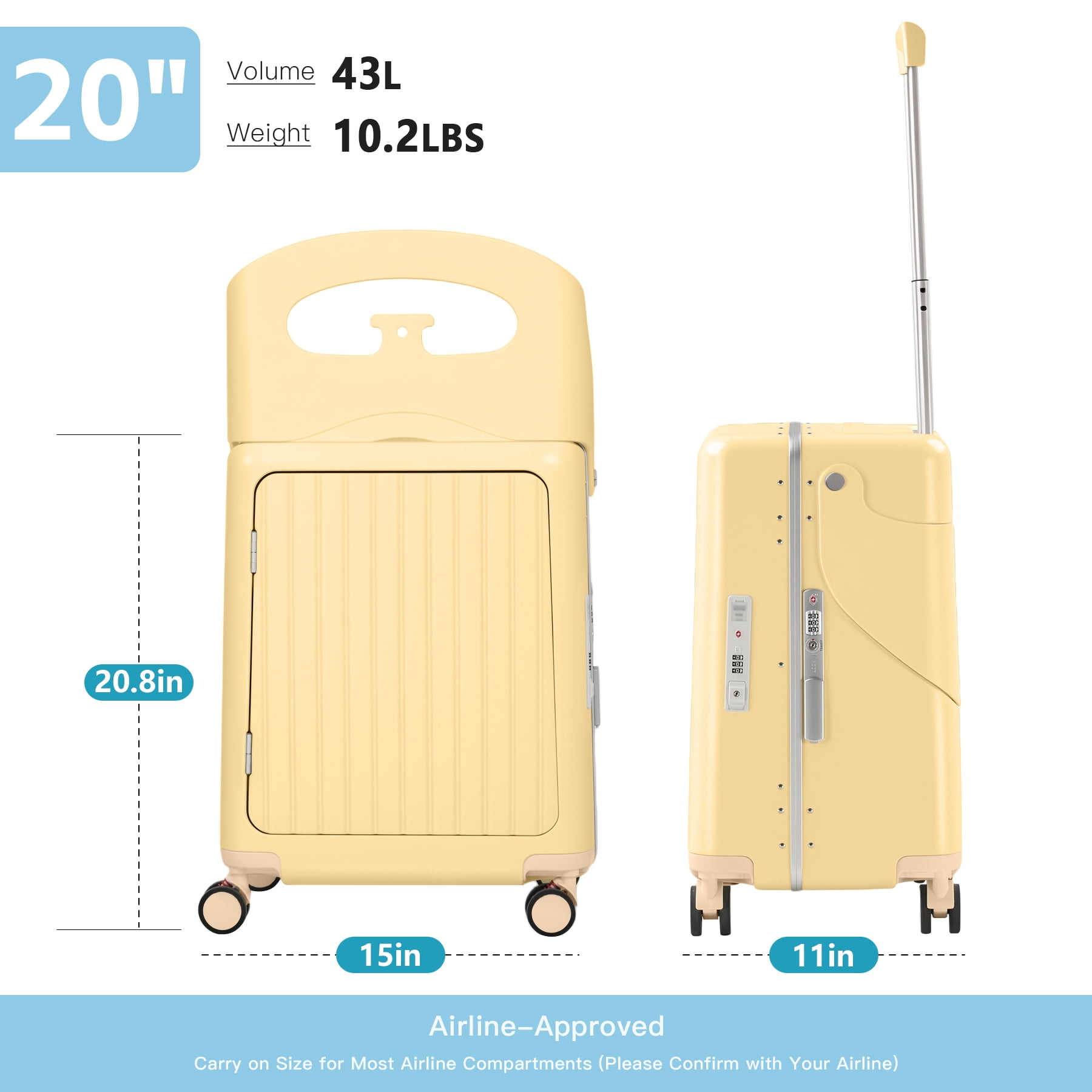 Advwin 20" Ride-On Suitcase for Kids & Adults, Hardshell Carry-On Luggage w/ Child Seat, Front Opening, USB Port, TSA Lock, 4 Spinner Wheels for Travel, Yellow