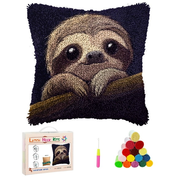 Latch Hook Pillow Kits Cartoon Cute Sloth on Branch Stamped Pillowcase Handamade Crochet Yarn Hook and Latch Emboridery Throw Pillow cover for Home Sofa Decor 43x43cm(2)