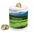 thumbnail image 1 of Mountain Piggy Bank, Alpine Landscape with Meadow Cottages and Pines Stream in Village View Print, Ceramic Coin Bank Money Box for Cash Saving, 3.6" X 3.2", Green White, by Ambesonne, 1 of 4