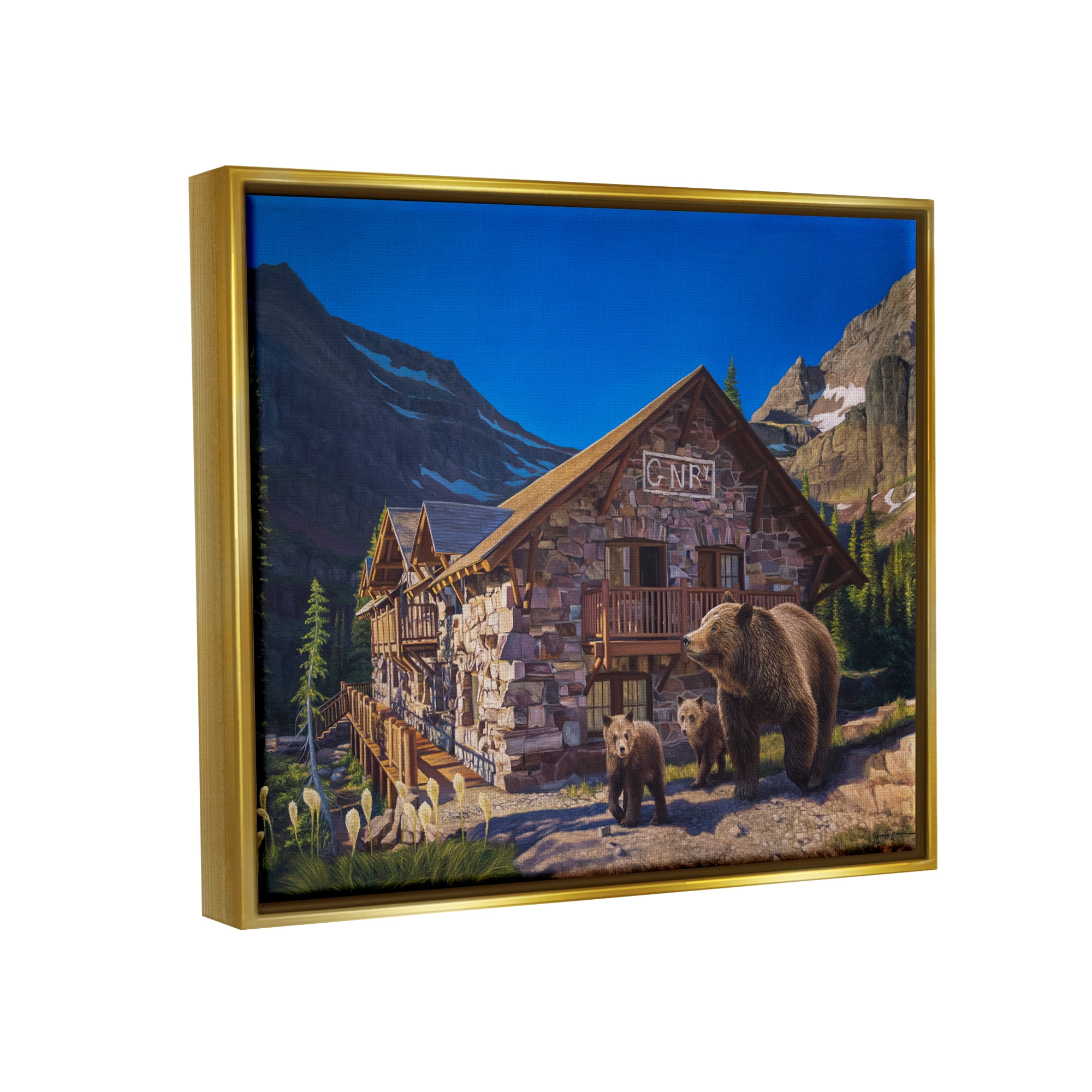 Stupell Industries Bears & Lodge Scenery Landscape Painting Gold Floater Framed Canvas Art Print Wall Art, 21 x 17