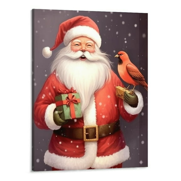 Creowell christmas pictures for wall,santa claus presents and Christmas birds,in the style of soft and dreamy depictions,decorative paintings stars art,16x20 Inch Framed Modern Canvas Wall Art