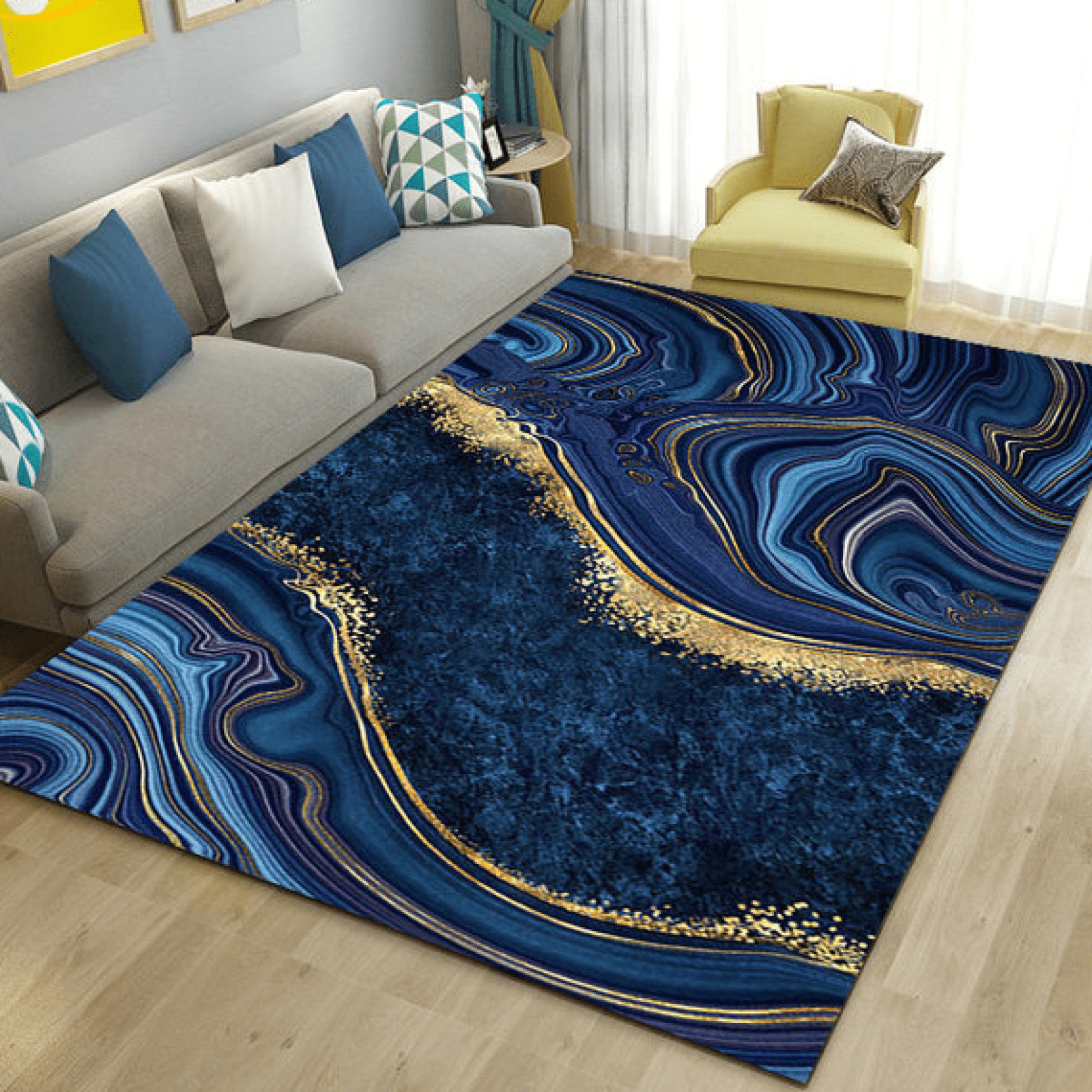 Modern Abstract Area Rugs Navy Blue Gold Marble Carpet For Living Room ...