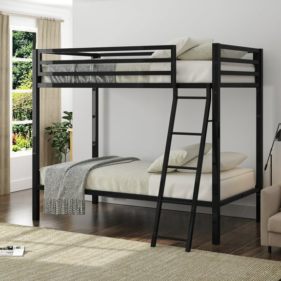 Allewie Metal Bunk Bed Twin Over Twin Size with Angled Ladder & Guardrail, Space-Saving, Black