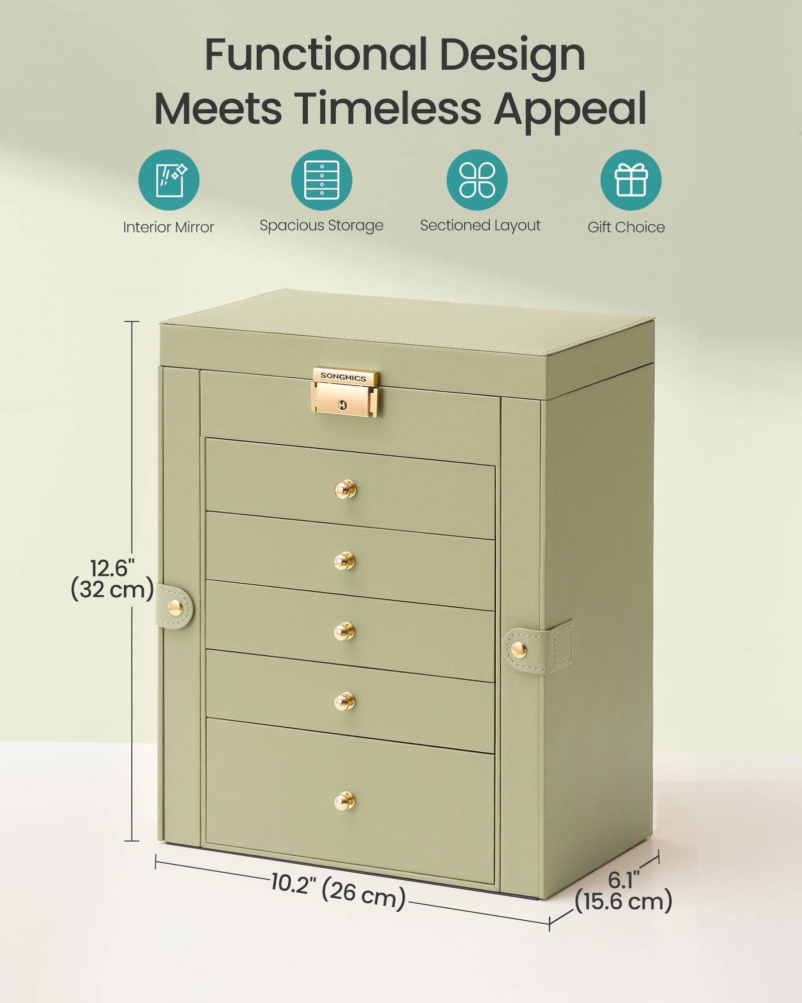 SONGMICS 6-Layer Jewelry Box Organizer with 5 Drawers, Jewelry Storage Case with Lock and Mirror, Large Storage Capacity, Gift for Loved Ones, for Necklaces, Watches, Sage Green