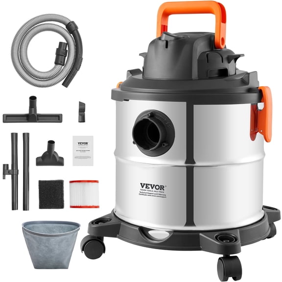 VEVOR Stainless Steel Shop Vac, 5.8 Gallon Wet Dry Shop Vacuum, 4 Peak HP with One-Button Self-Cleaning, Dual-Filter, 900W Input Power, 1.25in x 7ft Hose, 9.8ft Cord, Metal Tank for Jobsite, Workshop
