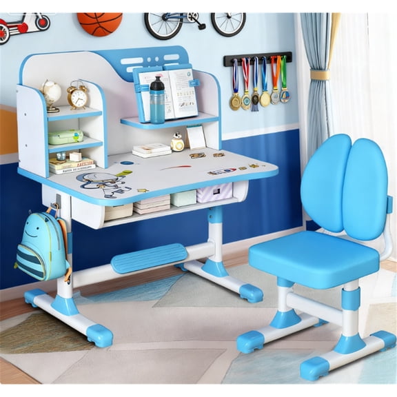 Mohsoe Adjustable Height Kids Grow-with-Me Desk Chair Set, Easy-Clean Knitted Sponge Cushion, Scientific Storage Zones Blue