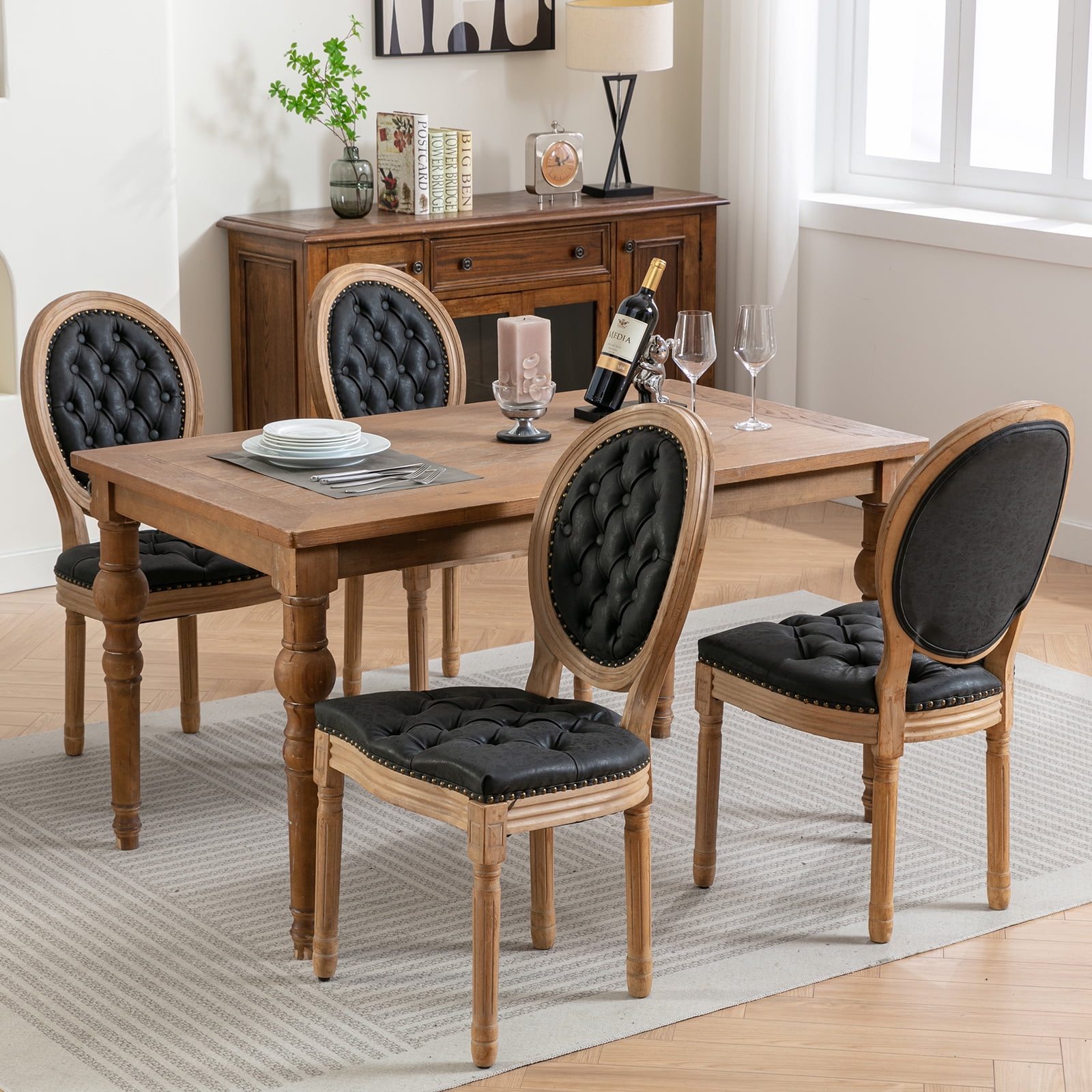 French Country Dining Chairs Set of 4, Black Kitchen & Dining Room Chairs Set of 4, Faux Leather Kitchen Chairs, Tufted Upholstered, Wood Legs, Sillas De Comedor (PU, Black, 4Pcs)