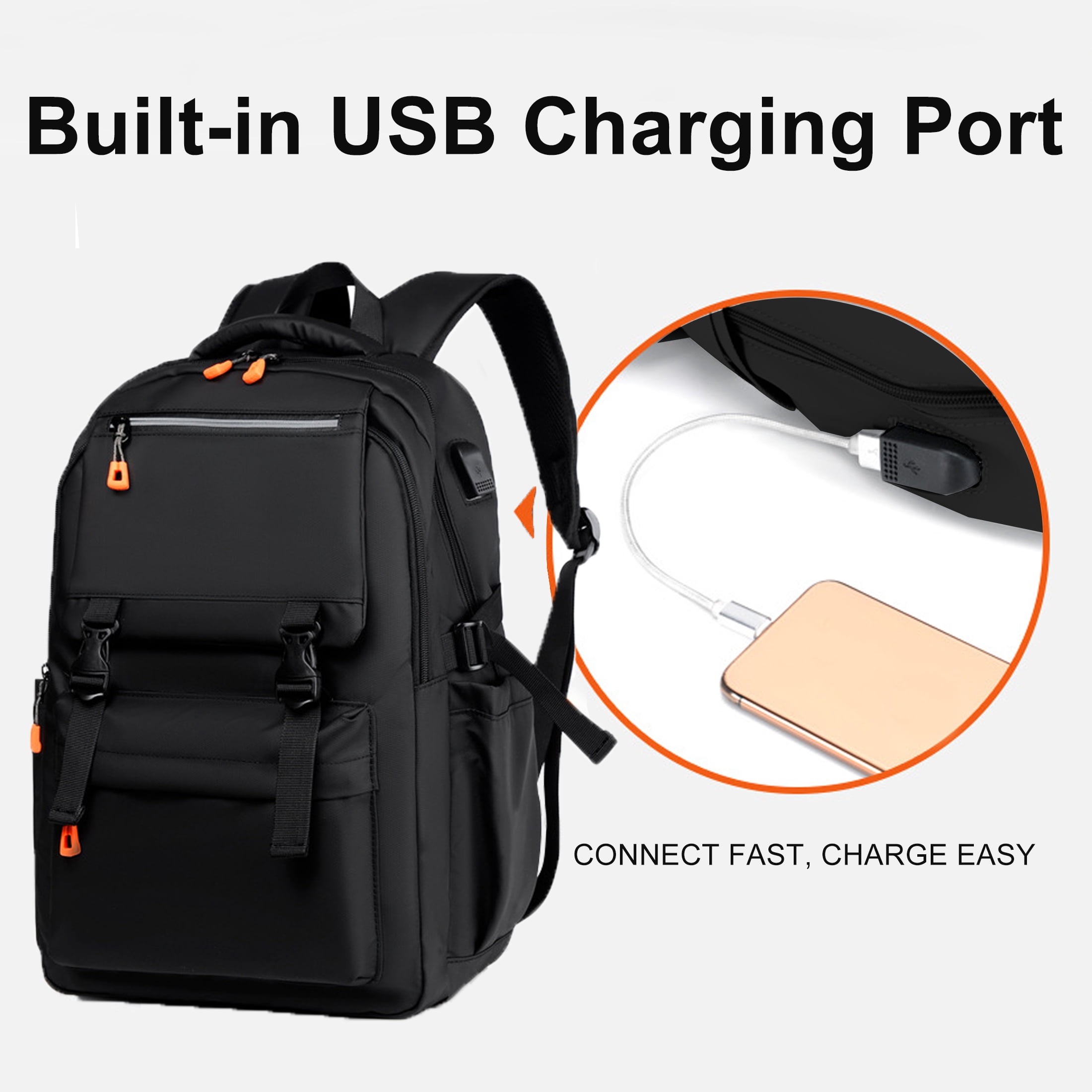 Travel Backpack for Men, Hiking Backpack with USB Charging Port Student Bookbag, 14 inch Women Laptop Backpack for School College Gym, Black