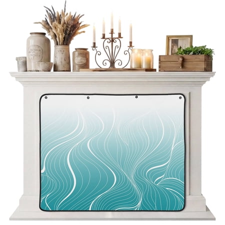 Magnetic Fireplace Cover Ombre Turquoise Stripes Fireplace Screen Striped Lines Waves Insulation Fireplace Blocker Blanket Save Energy Fireplace Draft Stopper Covers for Living Room 36x30