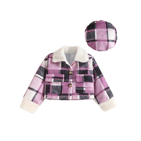 

Peyakidsaa Toddler Kids Baby Girls Plaid Jacket Casual Warm Button Down Jackets and Beret Hat