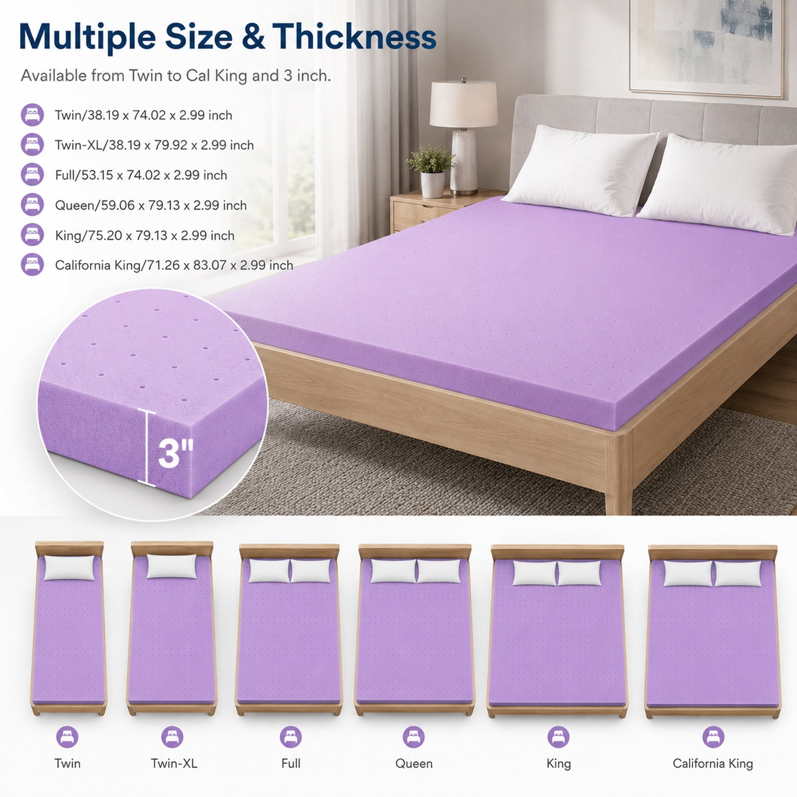 Alvantor 3 Inch Cooling Gel Memory Foam Mattress Topper Pressure Relief Pad, Ventilated Design Bed Topper, Purple