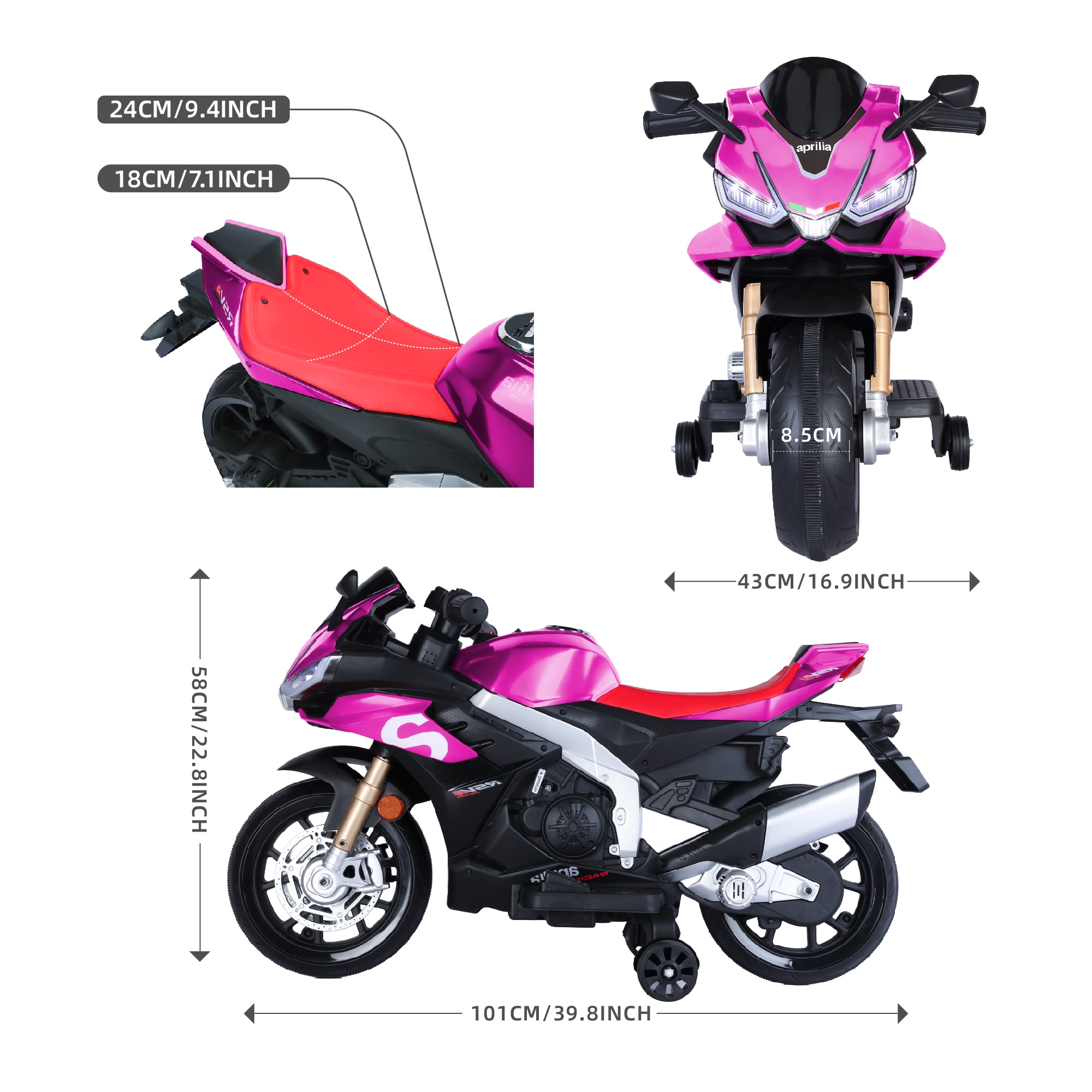 HEIMILI Girl Pink 12V Ride on Motorcycle Auxiliary Wheels Aprilia Motorbike 3mph for Kids w/Bluetooth LED Lights