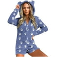 thumbnail image 2 of Feancey One Piece Pjs for Women Fleece Short Rompers Winter Sherpa Sleepwear Cute Dog Paw Print Onesie Pajama Bear Ear Hooded Jumpsuits Blue L, 2 of 6