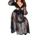 thumbnail image 1 of PENGXIANG Femmes Profond V-Cou Dentelle Découpée Longue Partie Robes Patchwork Creux-Out Maille Plaid à Manches Longues Robe Pure Blanc L, 1 of 2