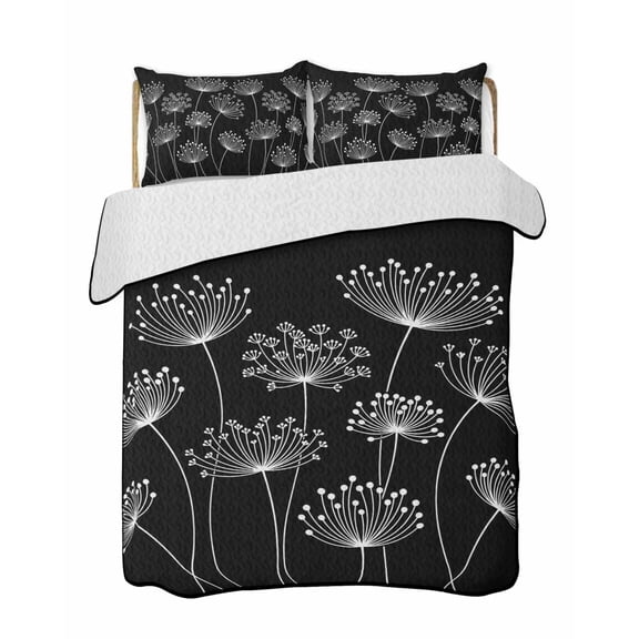 Quilt King Size Bedding Set, Spring Dandelion Reversible Summer Quilt 3 Pieces, Modern Country Flower Black White Lightweight Bedspreads Coverlets with 2 Pillow Shams for All Seasons