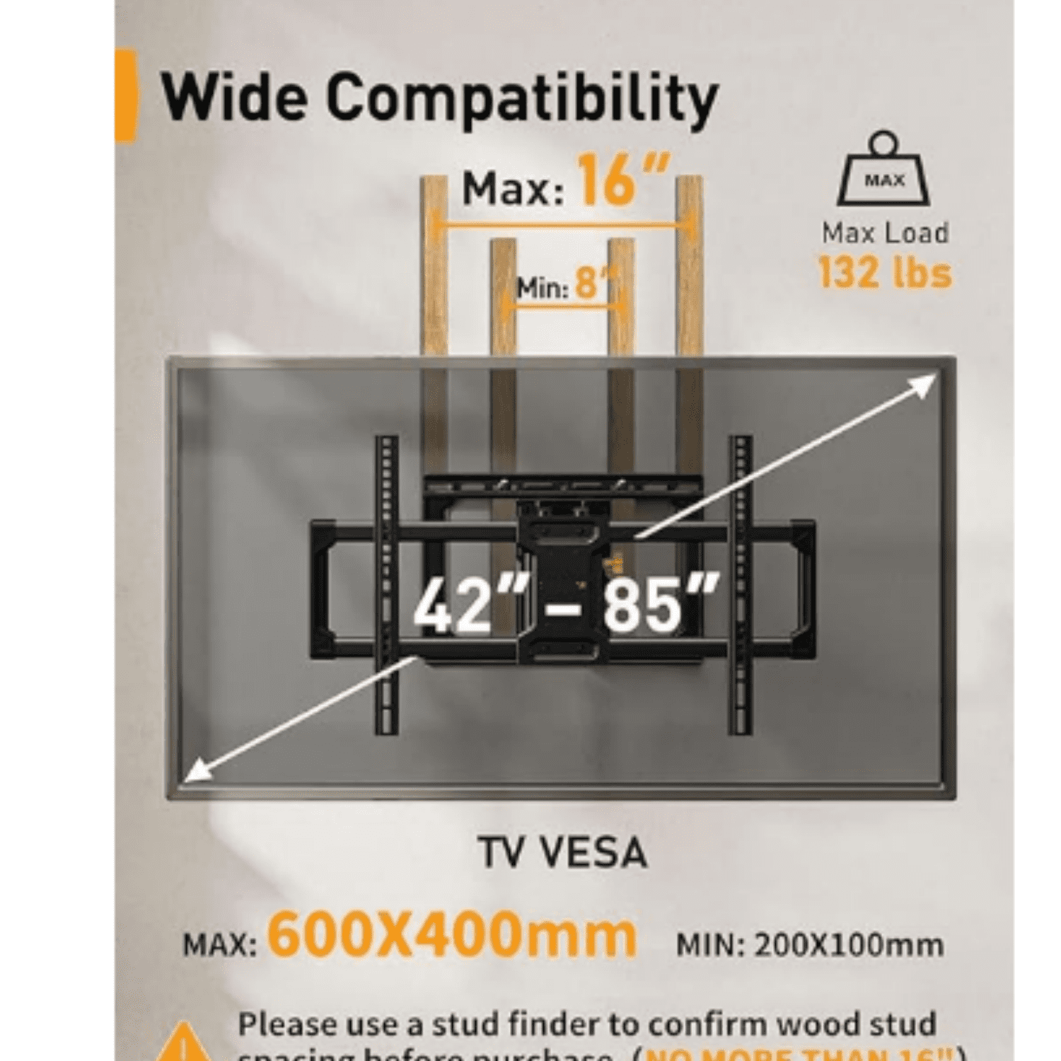 Full Motion TV Wall Mount for 42-85 inch TVs up to 132 lbs, TV Mount with Dual Articulating Arms, Tool-Free Tilt, Swivel, Extension, Leveling, Max VESA 600x400mm, 16" Studs