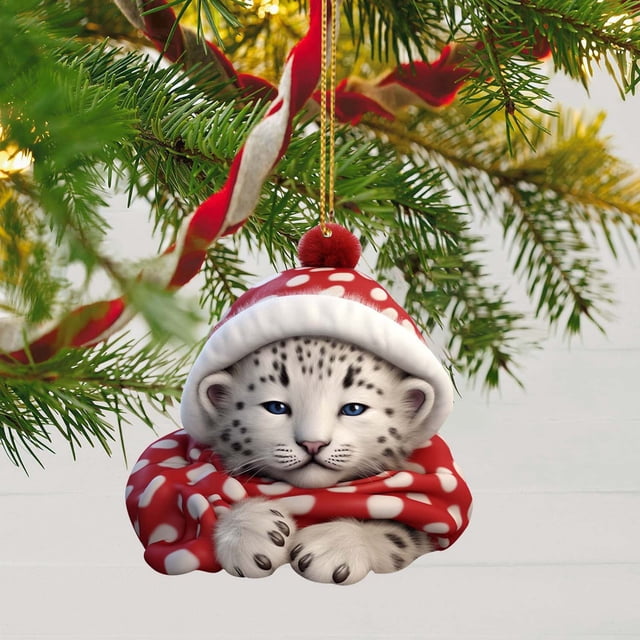 DFC Cute Snow Leopard Baby Christmas Tree Charm Snow Leopard Baby Car Decoration 2d Flat Acrylic Christmas Tree Pendant