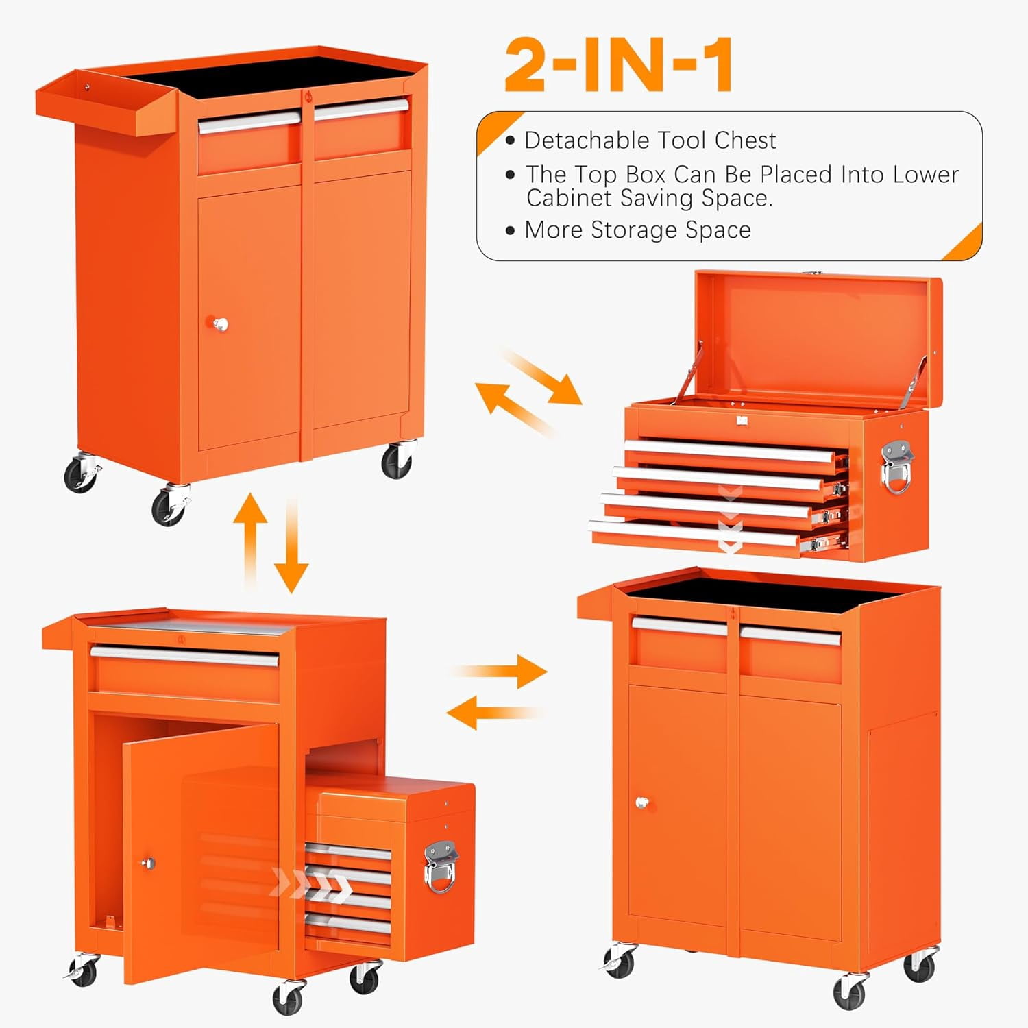 Suncrown 5-Drawer Rolling Tool Storage Cabinet with Detachable Top Tool Box & Organizers, Orange