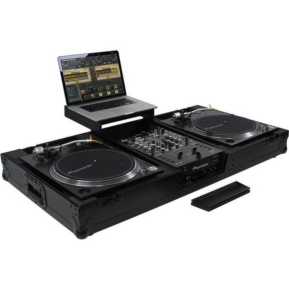 BLACK LABEL LOW PROFILE (1-TEIR) GLIDE STYLE DJ COFFIN W/WHLS FOR A 12" FORMAT DJ MIXER & TWO TURNTABLES IN BATTLE POSITION