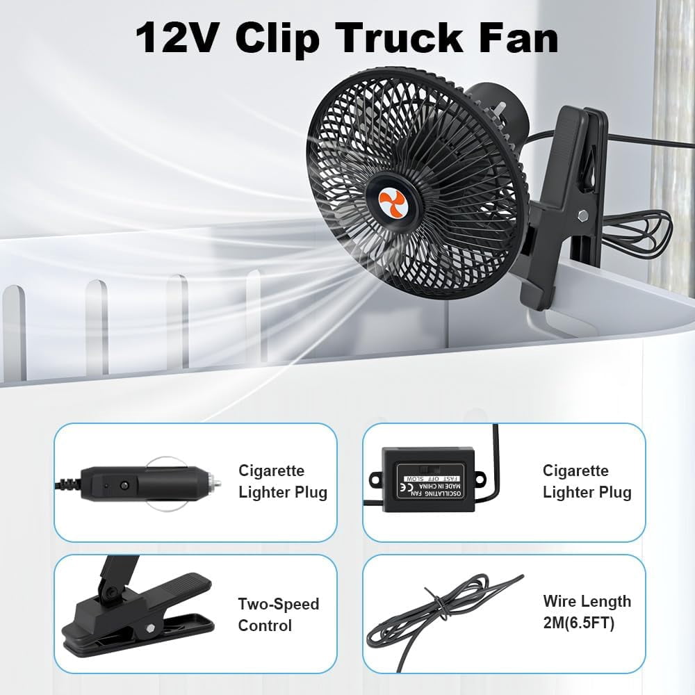 12 Volt Oscillating Fan, Portable Car Fan Wide-Bound Cooling Ventilation, Car DC Clip Fan, Truck, RV, Automotive 12v Fan