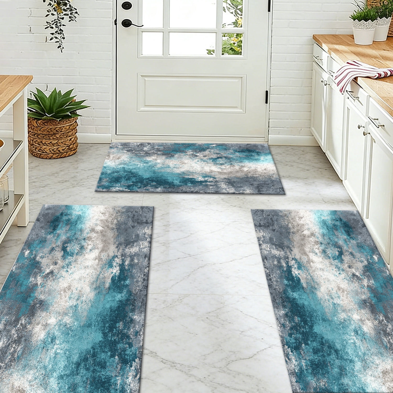 3 Piece Kitchen Rug Set, Non-Slip And Washable, Abstract Pattern Kitchen Hallway Rug, Soft And Comfortable, Suitable For Sinks, Floors, Entrances, Hallways and Bathrooms