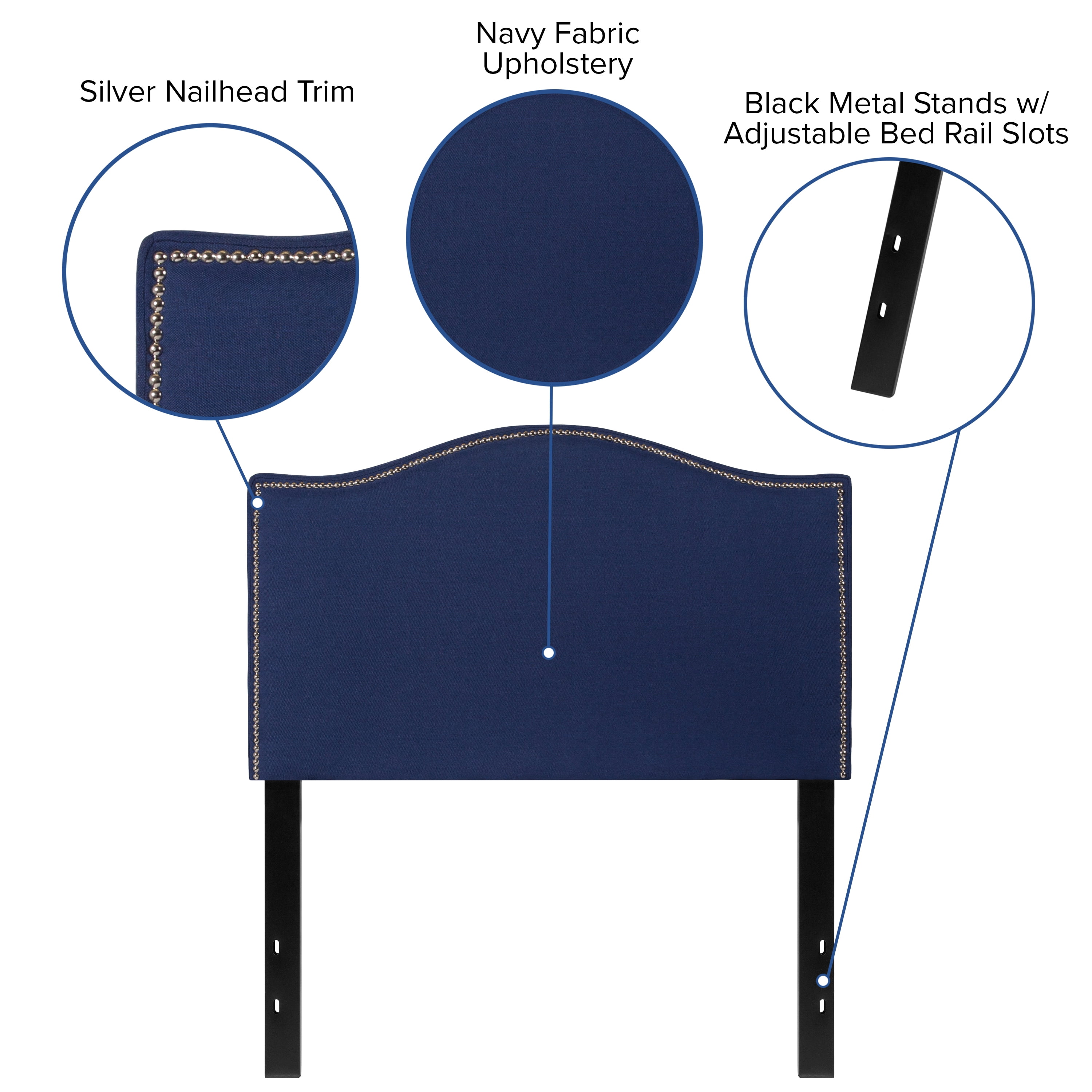 Emma + Oliver Upholstered Twin Size Headboard with Nailtrim in Navy Fabric