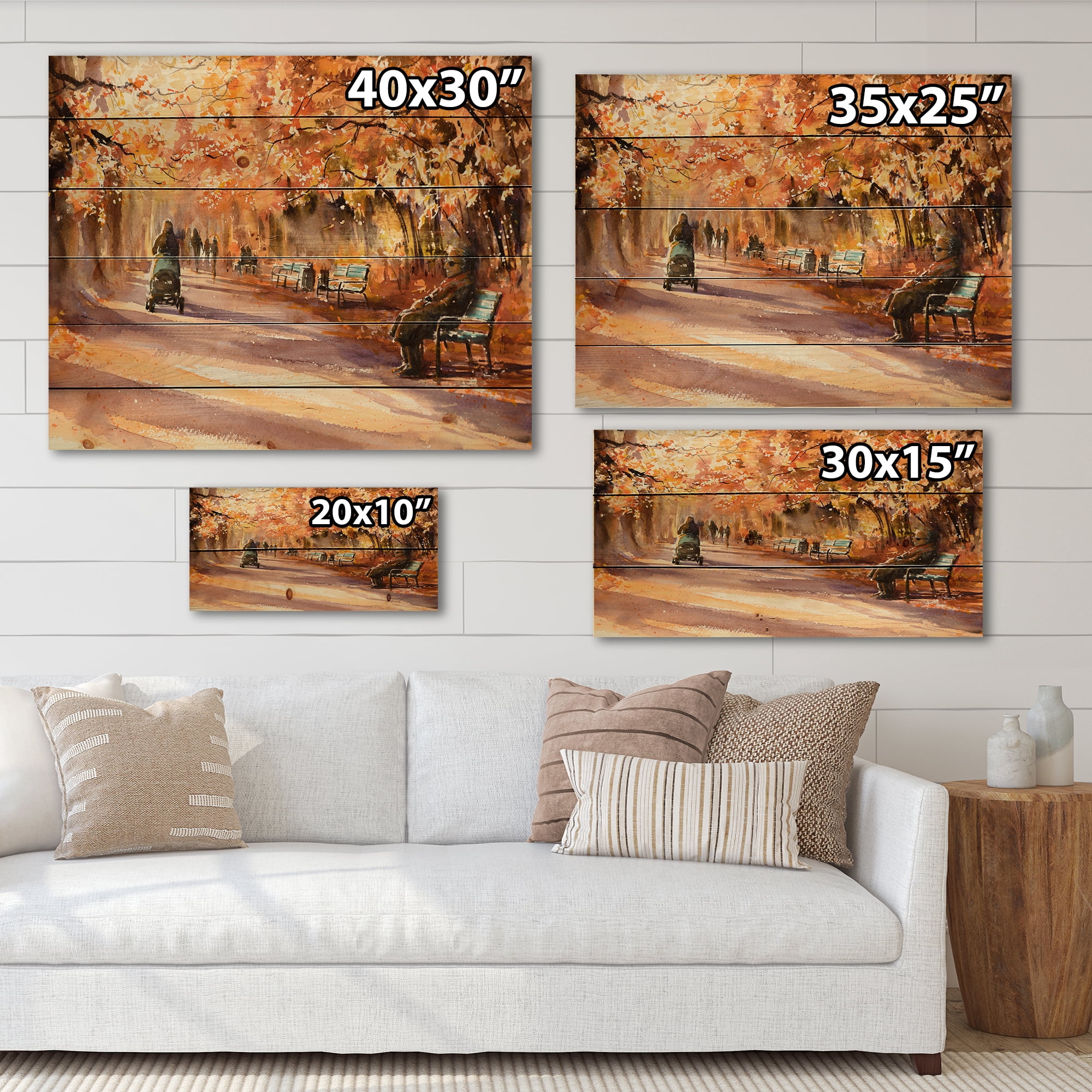 Designart 'Path In The Park In Sunny Autumn Day' Country Print on Natural Pine Wood