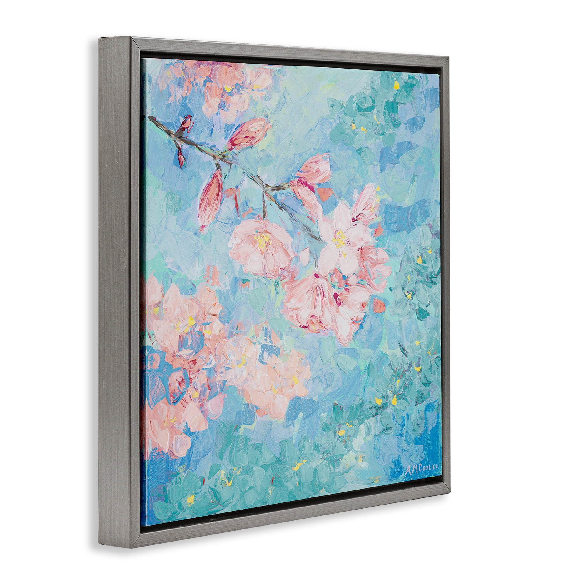 Stupell Industries Yoshino Cherry Blossom Plants & Flowers Painting Gray Floater Framed Canvas Art Print Wall Art, 25 x 25