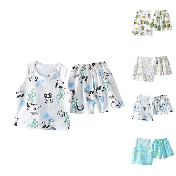 YHAJDS Kid Boy Girl 2 Piece Sleepwear Set Cartoon Print Cotton Sleeveless Top Shorts Home Set