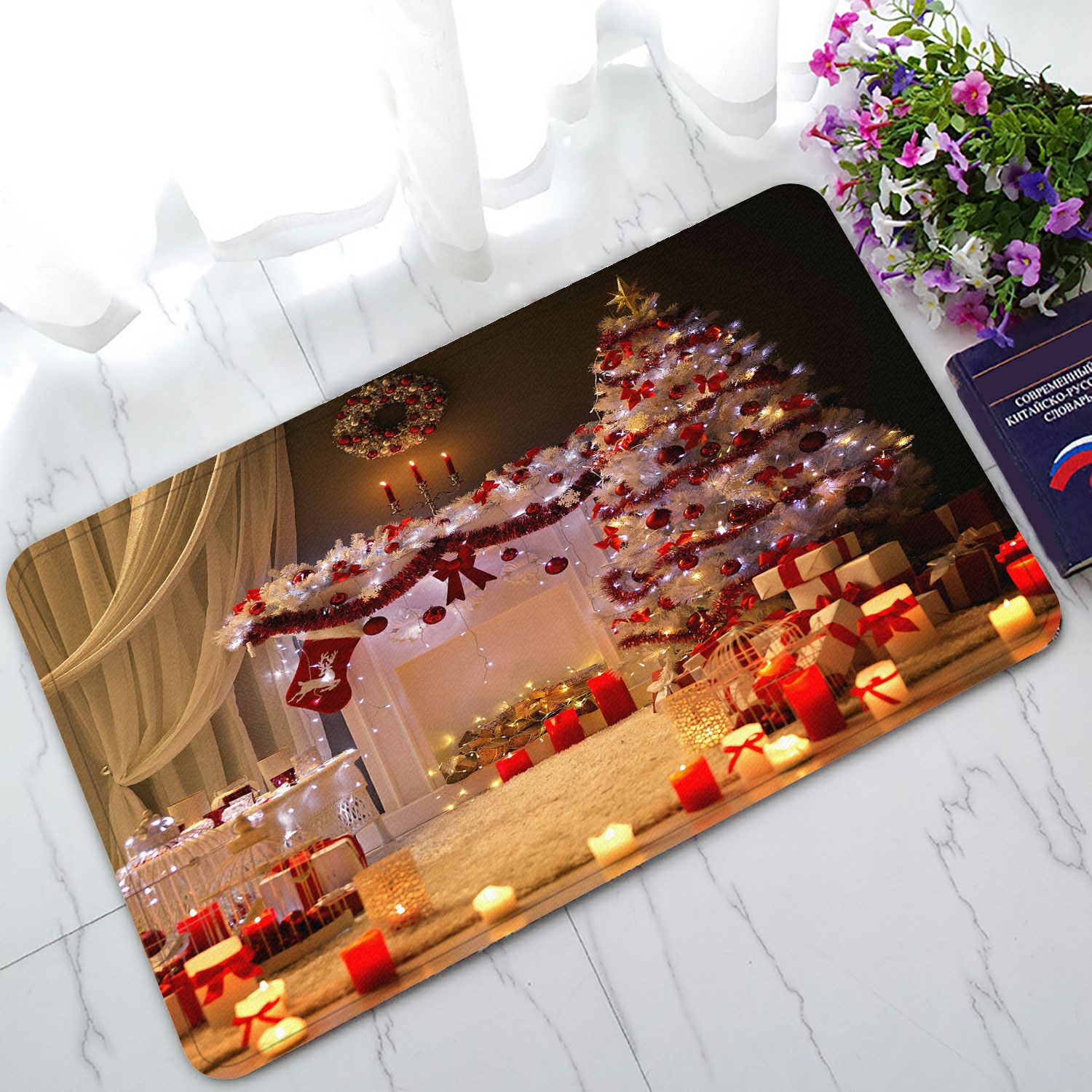 ABPHQTO Christmas Interior Xmas Tree Fireplace Light Doormat Entrance Rug Area Rug Floor Mat