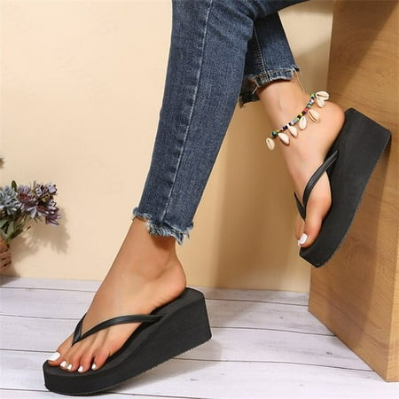 

2022 summer women s wedge heel clip-on sandals casual outer wear fashion frosted high-heeled thick-soled flip-flops