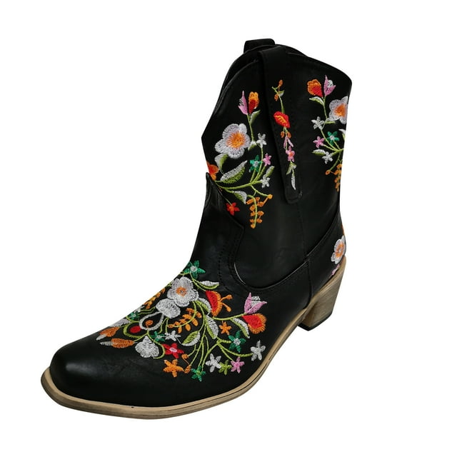 CEHVOM Women Embroidered Cowboy Riding Boots Casual Warm Middle Heels Middle Tube Short Boots Shoes