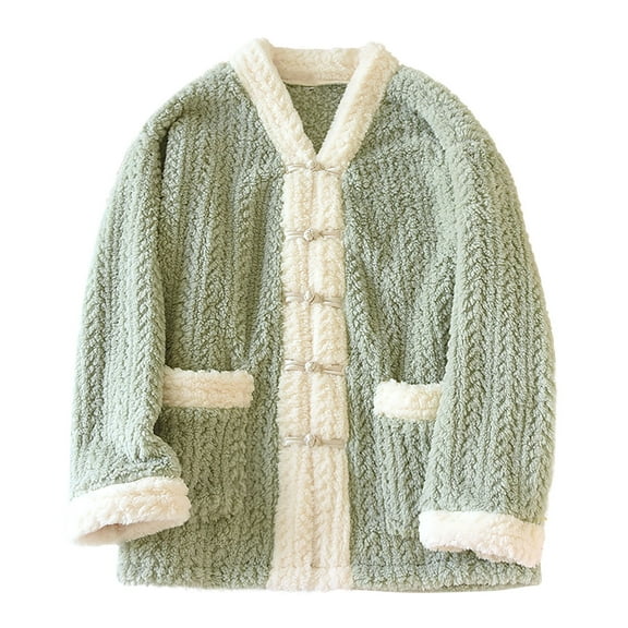 Fuzzy Button Down Pajama Tops for Women Colorblock Winter Plush Fluffy Cardigan Jacket Sleepwear Plush Winter House Coat with Pockets