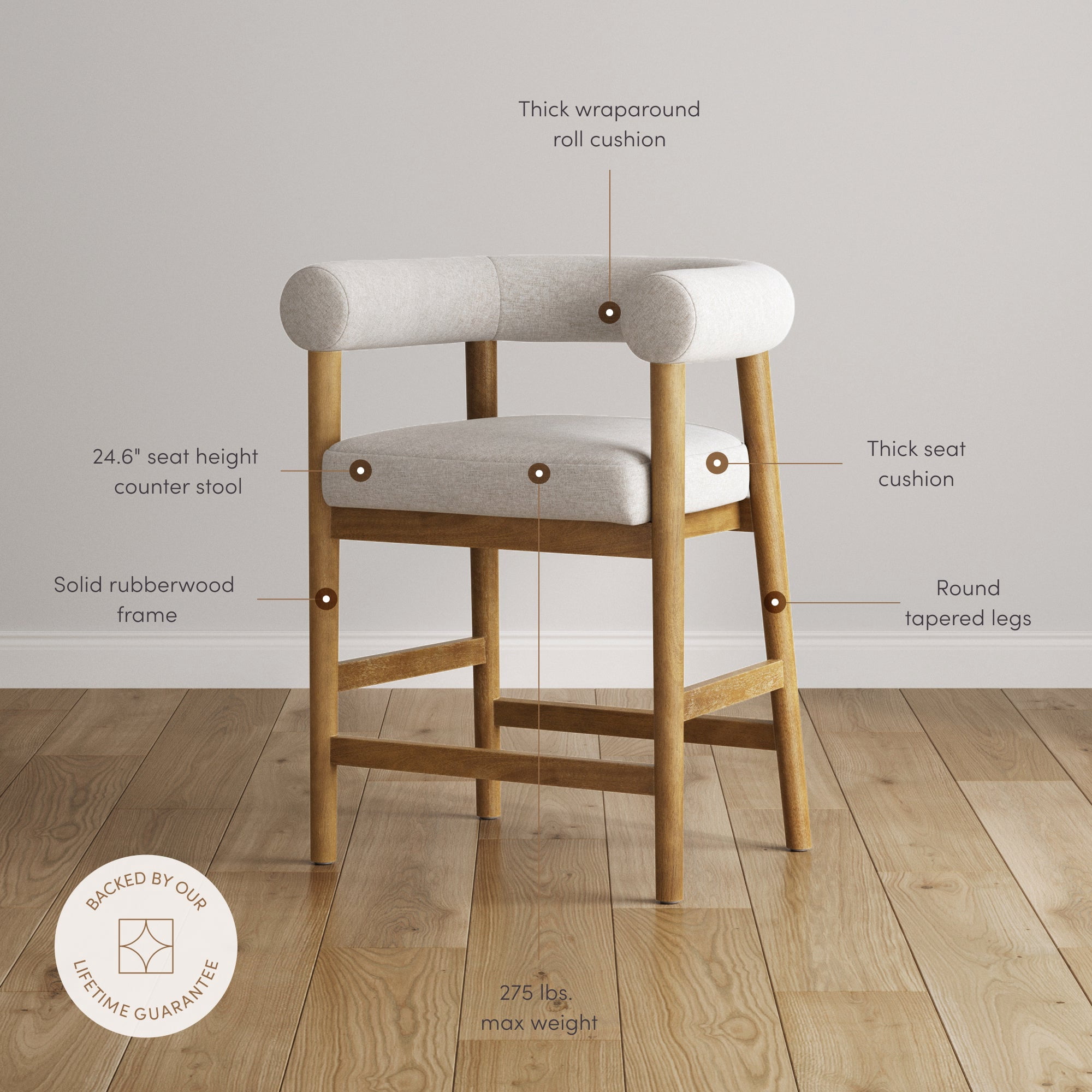 Nathan James Demi Modern Barrel Bar Stool with Solid Wood Legs and Natural Flax Upholstery, Wooden Bistro Bar Stool with Curved Back, Flax/Light Brown
